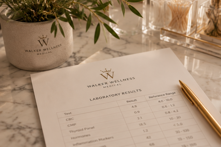 Walker Wellness Medical laboratory results on a marble desk.