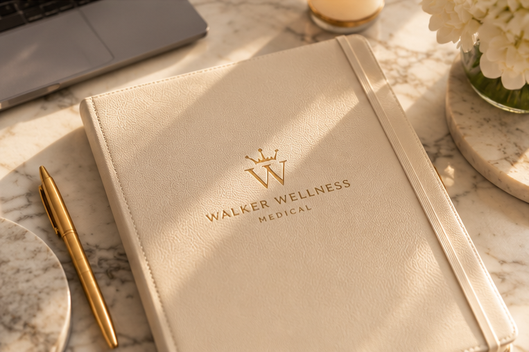 A Walker Wellness Medical branded care-plan notebook with a gold pen.